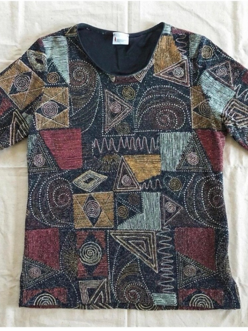 Hermann Lange Black Red Beaded Blouse Womens 38 Small Medium